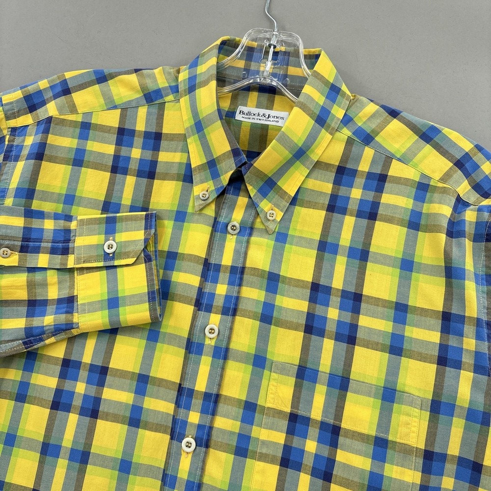 Bullock & Jones Shirt Mens Medium Yellow Blue Plaid Button Down Long Sleeve VTG